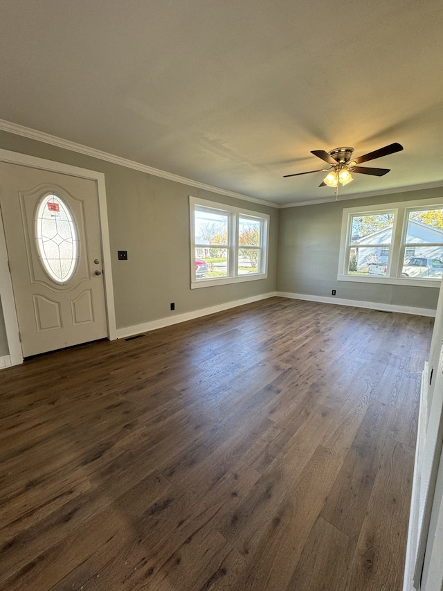 entrance foyer featuring dark wood-type flooring, plenty of natural light, and ornamental molding