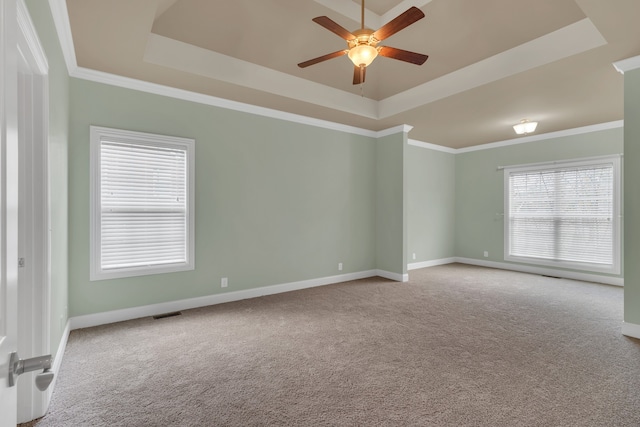 empty room with a raised ceiling, carpet floors, and crown molding