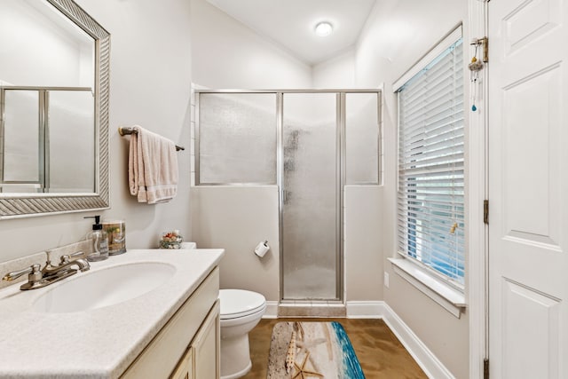 bathroom featuring toilet, vanity, and walk in shower