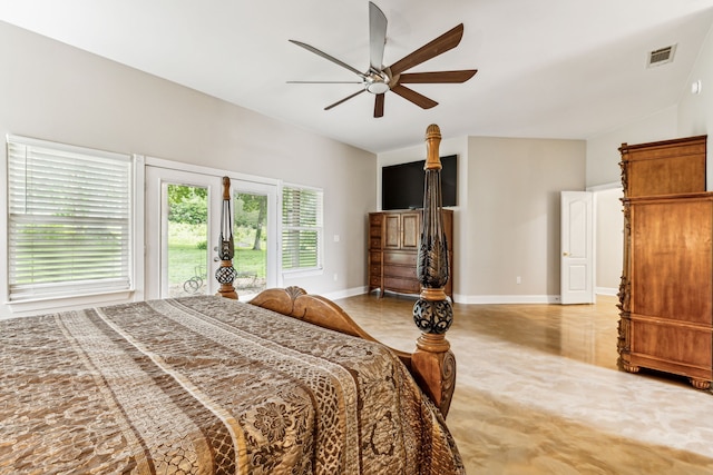 bedroom with access to exterior, ceiling fan, light carpet, and lofted ceiling