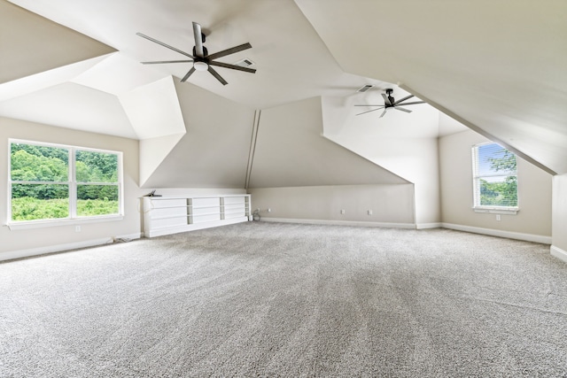 additional living space with carpet flooring, ceiling fan, a healthy amount of sunlight, and vaulted ceiling