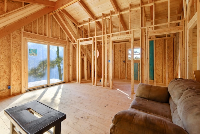 miscellaneous room featuring wood-type flooring and high vaulted ceiling