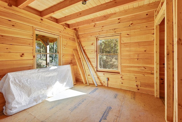 unfurnished bedroom featuring wood walls, wooden ceiling, and multiple windows