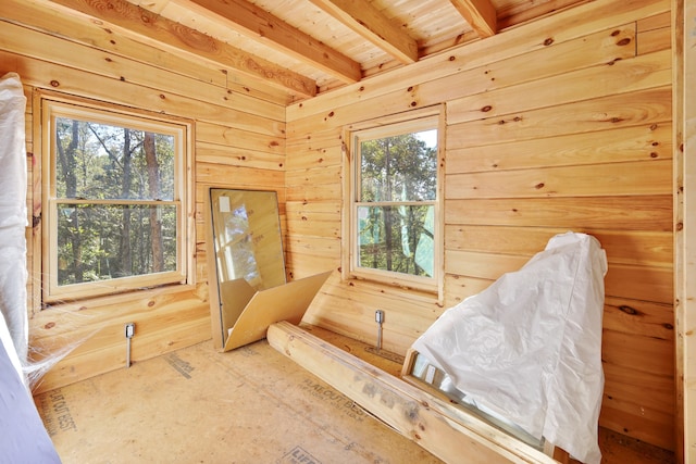 interior space featuring beamed ceiling, wood walls, and wood ceiling