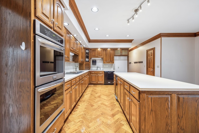 kitchen with appliances with stainless steel finishes, backsplash, light parquet floors, and ornamental molding