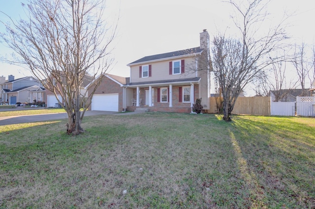 view of front property with covered porch, a garage, and a front lawn