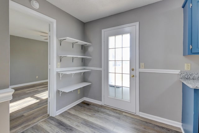 entryway with hardwood / wood-style floors and ceiling fan