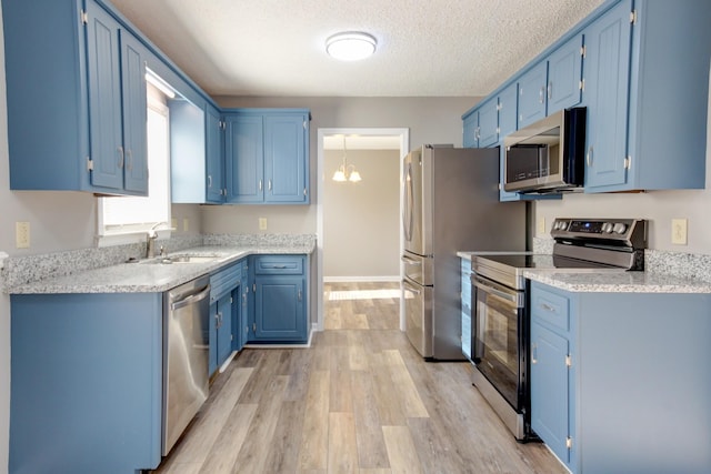 kitchen featuring blue cabinetry, sink, and appliances with stainless steel finishes