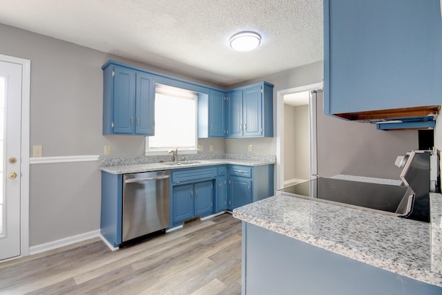 kitchen with blue cabinetry, dishwasher, stove, and light wood-type flooring