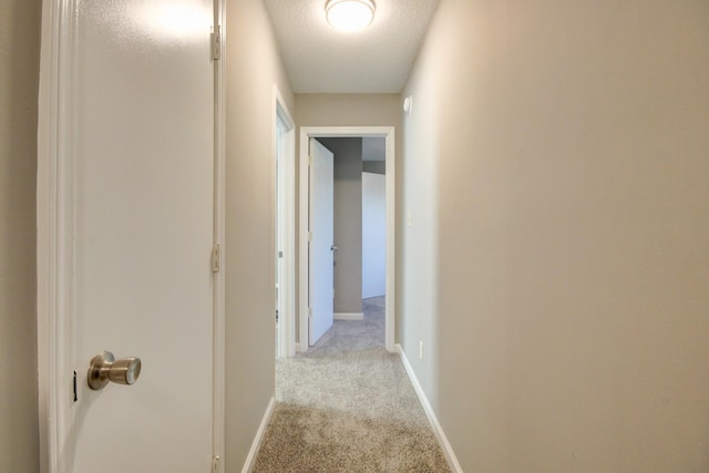 corridor with light carpet and a textured ceiling