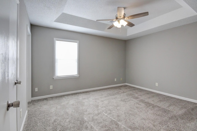 empty room featuring light colored carpet, a textured ceiling, and a tray ceiling