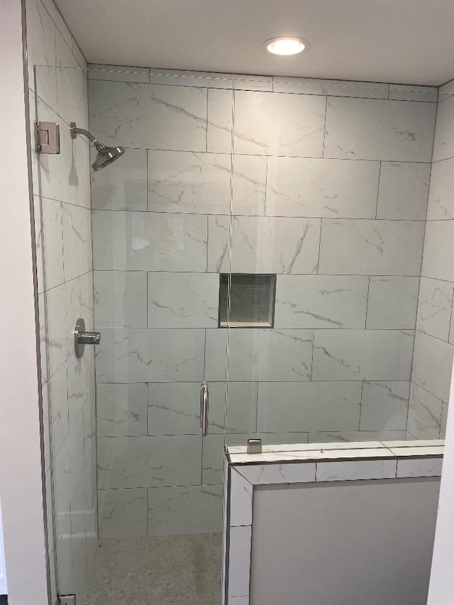 bathroom featuring a shower with shower door