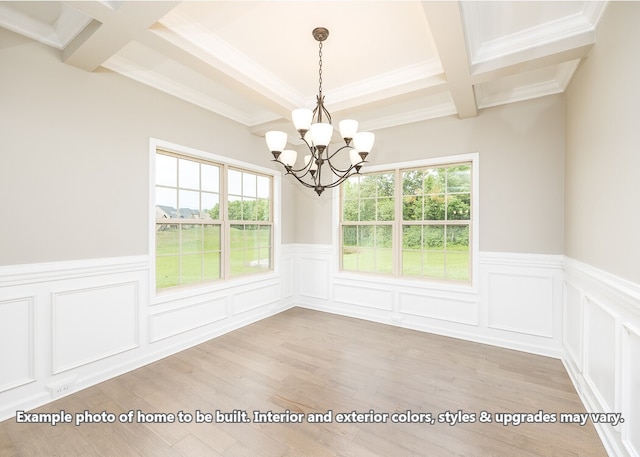 unfurnished dining area with beam ceiling, light wood-type flooring, a wealth of natural light, and an inviting chandelier