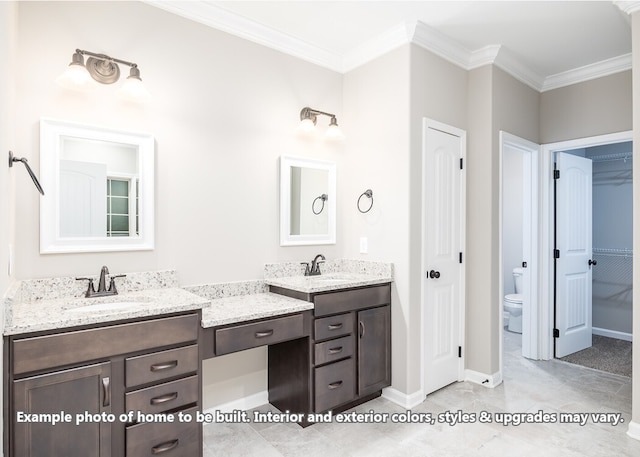 bathroom featuring vanity, toilet, and crown molding