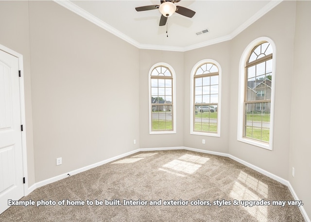 carpeted spare room with ceiling fan and crown molding