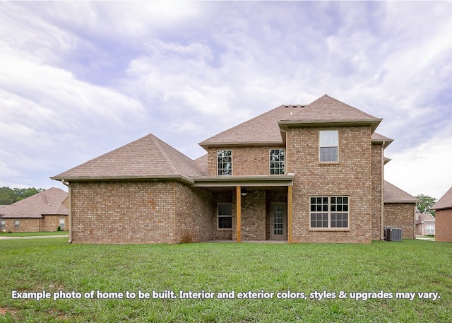 back of house with central AC unit and a lawn