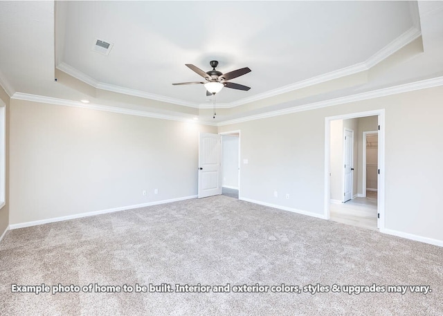 unfurnished room with baseboards, visible vents, a ceiling fan, crown molding, and carpet floors