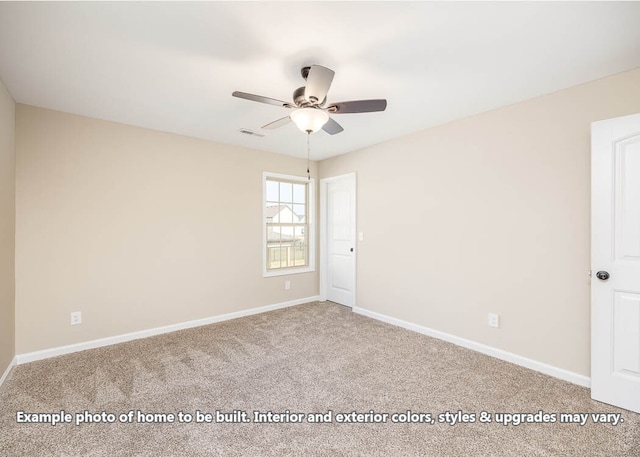 unfurnished room featuring carpet, ceiling fan, and baseboards