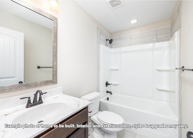 full bathroom with toilet, visible vents,  shower combination, and vanity