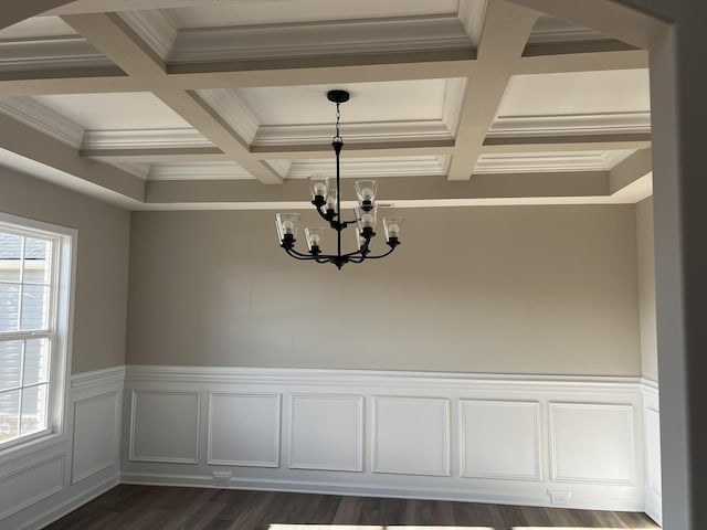 unfurnished dining area with dark wood-style floors, coffered ceiling, a notable chandelier, and beamed ceiling