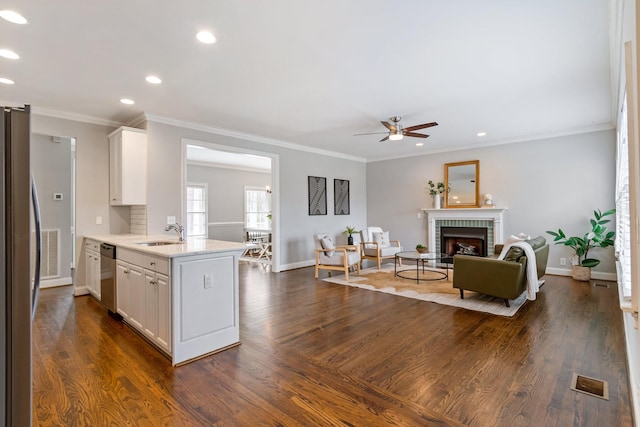 kitchen with dark hardwood / wood-style flooring, white cabinetry, sink, and appliances with stainless steel finishes