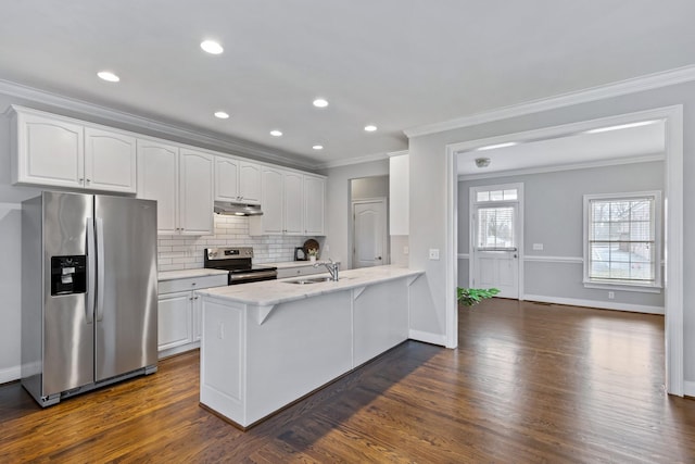 kitchen with white cabinetry, sink, stainless steel appliances, dark hardwood / wood-style flooring, and kitchen peninsula