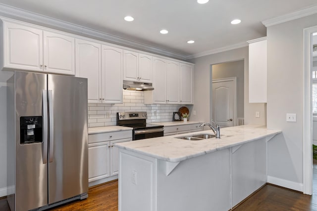 kitchen featuring white cabinets, appliances with stainless steel finishes, kitchen peninsula, and sink