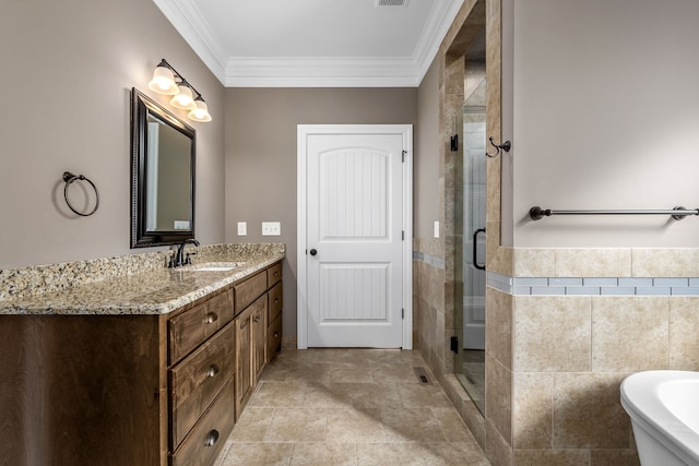 bathroom with tile patterned floors, vanity, separate shower and tub, and ornamental molding