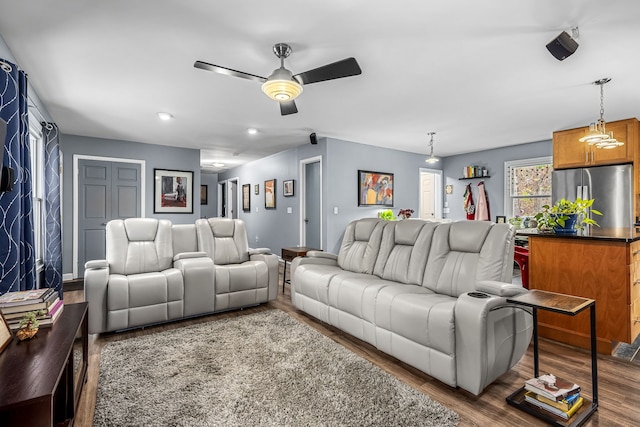 living room with ceiling fan and dark wood-type flooring