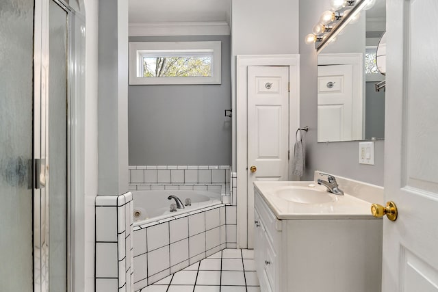 bathroom featuring plus walk in shower, vanity, tile patterned floors, and ornamental molding