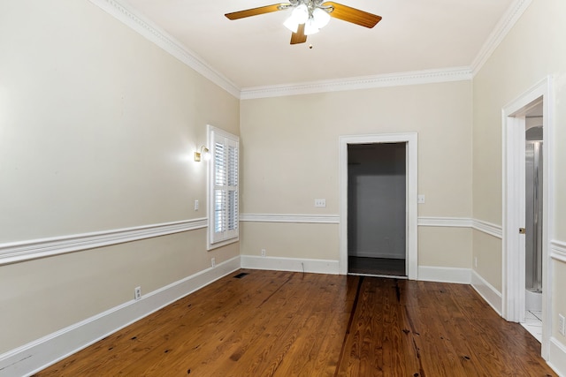 interior space with crown molding, ceiling fan, and wood-type flooring