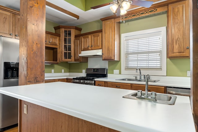 kitchen featuring stainless steel appliances, ceiling fan, and sink