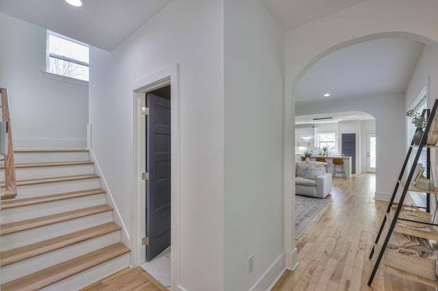 stairway with hardwood / wood-style flooring