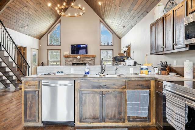 kitchen with high vaulted ceiling, sink, dark hardwood / wood-style flooring, wood ceiling, and stainless steel appliances