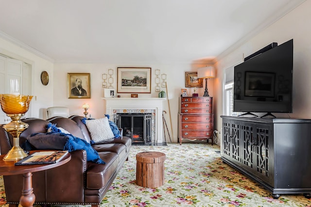 living room featuring carpet flooring, a fireplace, and ornamental molding