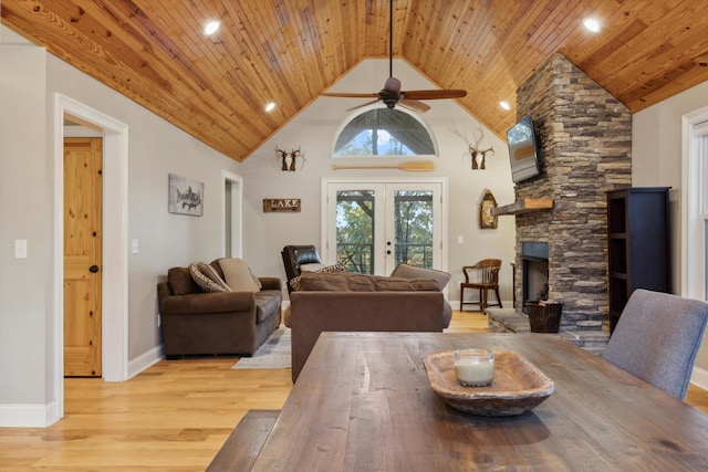 4955 Ringgold Rd, La Fayette, GA 30728 - dining space with ceiling fan, french doors, high vaulted ceiling, wood ceiling, and light wood-type flooring