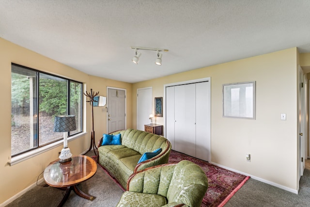 carpeted living room featuring track lighting and a textured ceiling