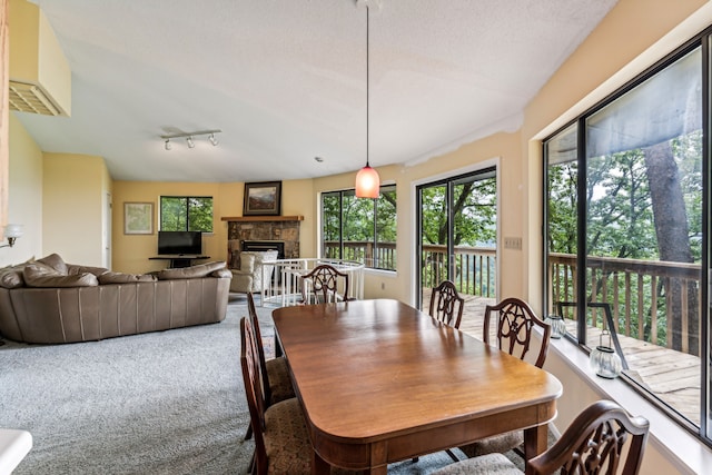 dining space featuring carpet flooring, a textured ceiling, vaulted ceiling, and track lighting