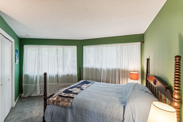 bedroom featuring multiple windows, a closet, carpet floors, and a textured ceiling