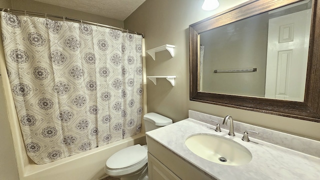 full bathroom with shower / bathtub combination with curtain, vanity, a textured ceiling, and toilet