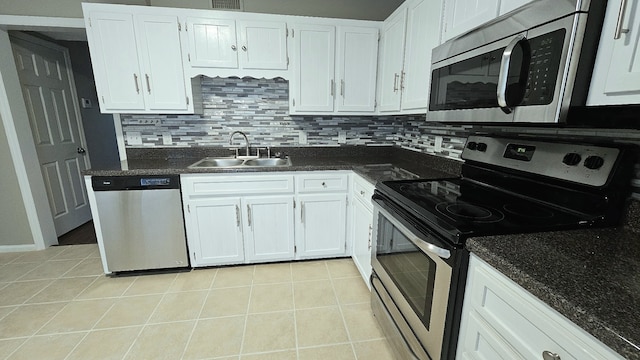 kitchen with white cabinets, backsplash, sink, and appliances with stainless steel finishes