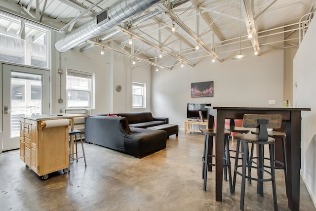 living room featuring high vaulted ceiling and concrete floors