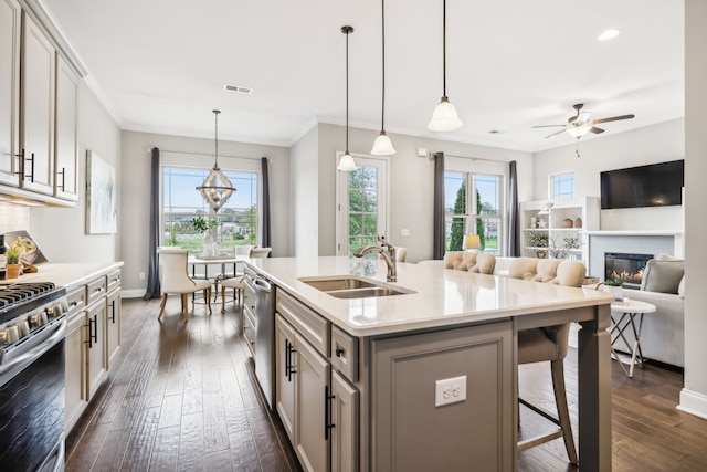 kitchen with stainless steel appliances, an island with sink, hanging light fixtures, and sink