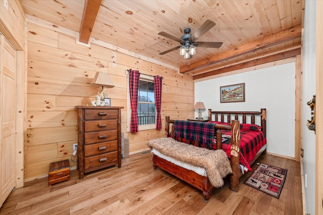 bedroom with beamed ceiling, light hardwood / wood-style floors, wooden ceiling, and wood walls