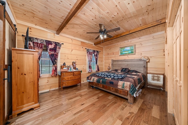 bedroom with wooden walls, hardwood / wood-style floors, and wood ceiling