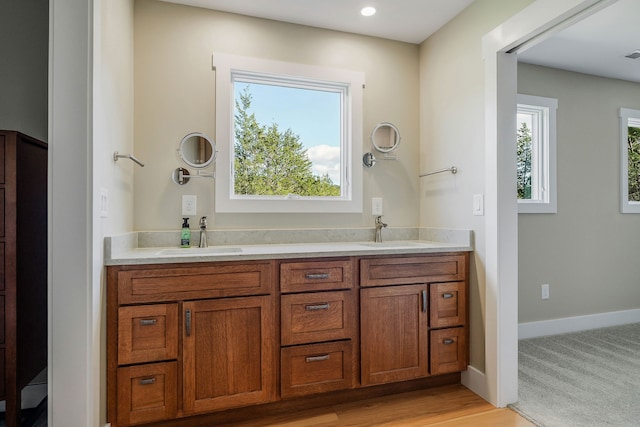 bathroom with vanity and wood-type flooring