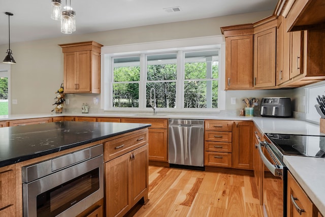 kitchen with appliances with stainless steel finishes, premium range hood, sink, decorative light fixtures, and light hardwood / wood-style floors