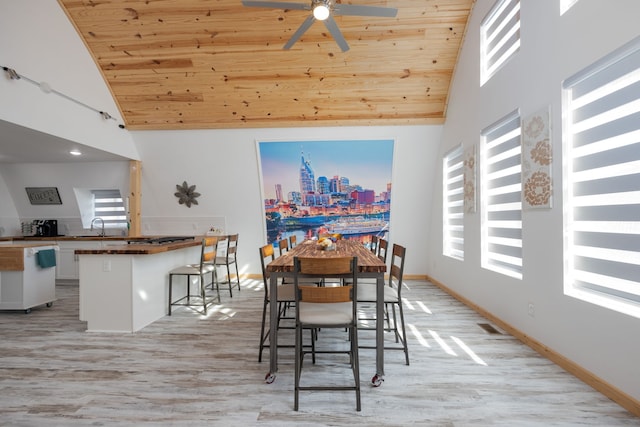 dining area with sink, wood ceiling, and light wood-type flooring