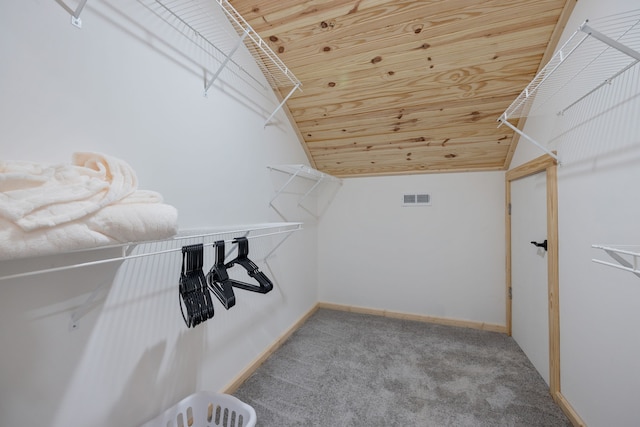 walk in closet with carpet flooring and lofted ceiling