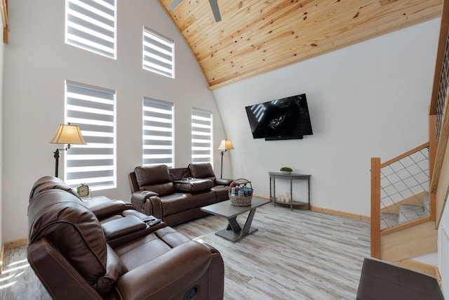 living room with wood ceiling, a wealth of natural light, high vaulted ceiling, and light hardwood / wood-style floors